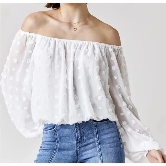 Audrey Parks x Francesca’s Off The Shoulder White Cropped Blouse Polka Dot Large - Picture 3 of 12